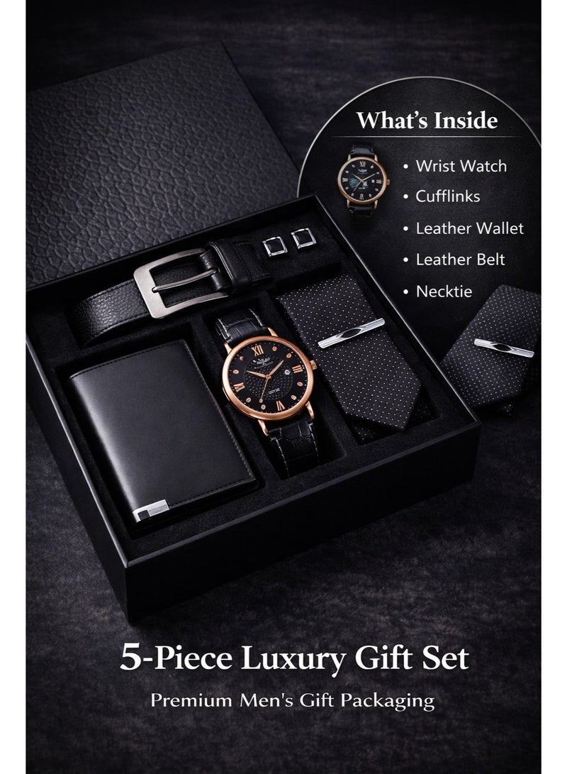 OLUDENIZ 🕴️ Elegant 6-Piece Men’s Business Gift Set – Black Leather Watch, Belt, Wallet, Tie, Cufflinks & Tie Clip - Image 2
